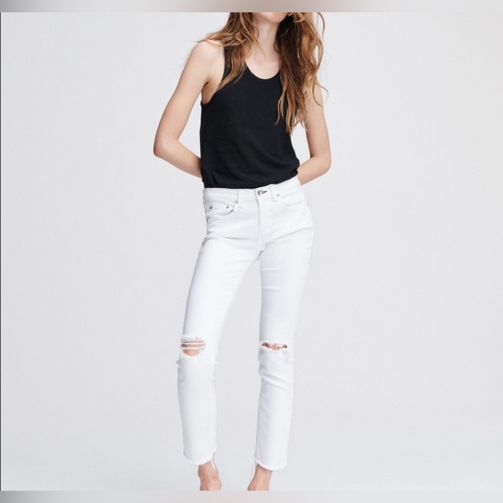 rag & bone Dre High Rise Ankle Slim Boyfriend Distressed Frayed Hem White Jeans